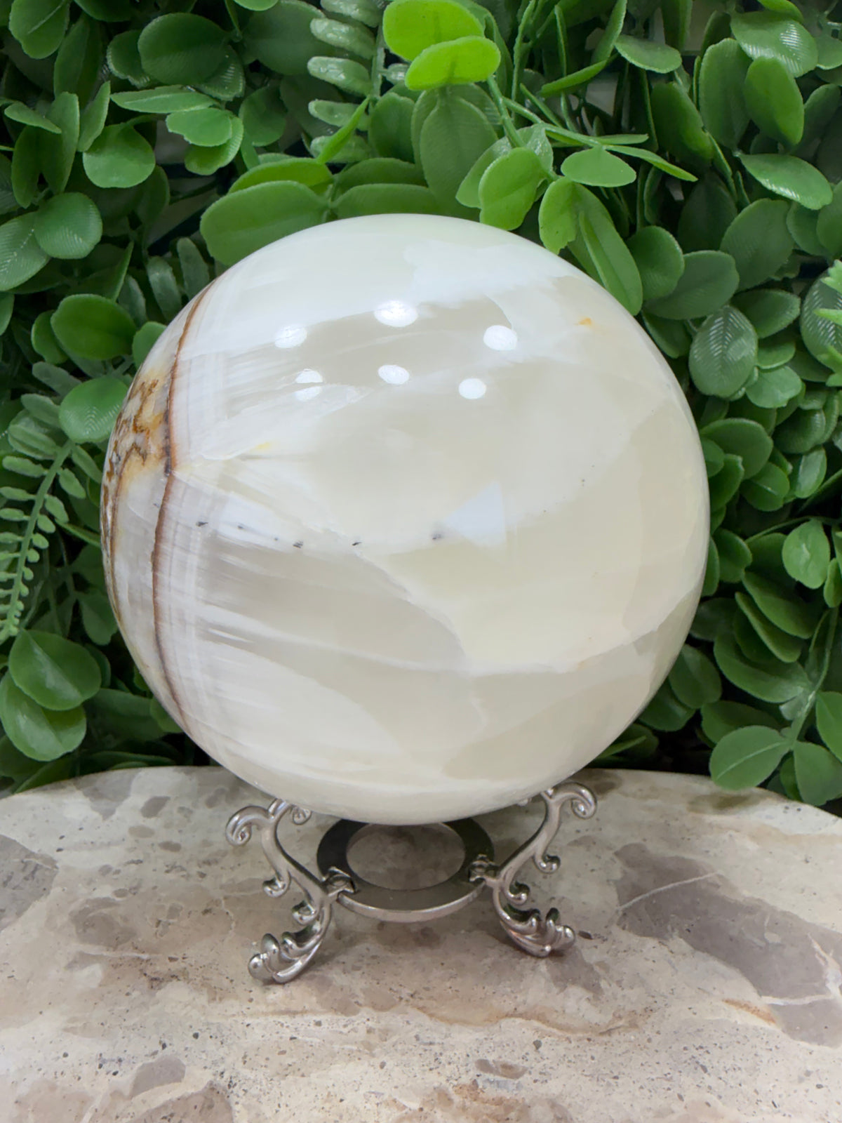Dendritic Silky White Calcite Sphere 2246g | Calm • Clarity • Balance