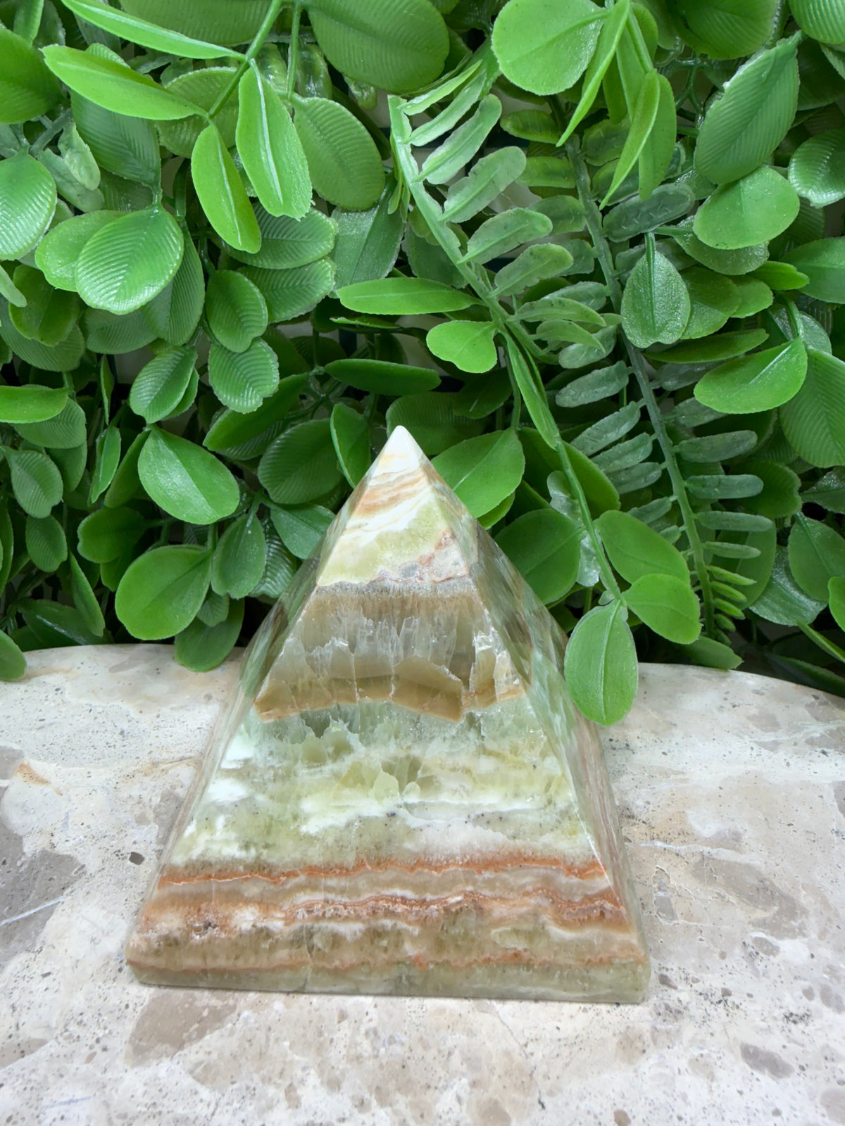 Emerald Kiwi Calcite Pyramid | Balance • Renewal • Harmony