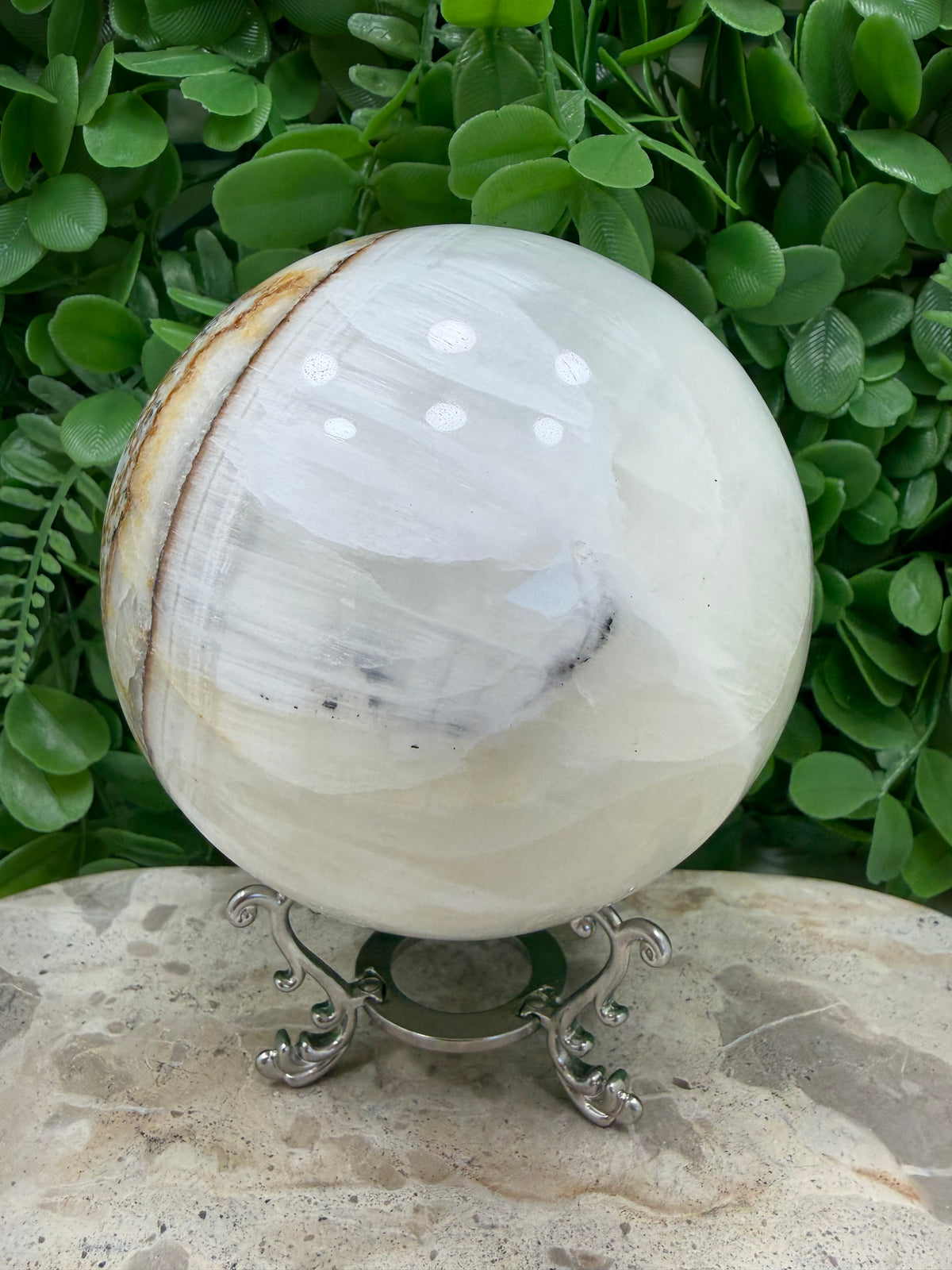 Dendritic Silky White Calcite Sphere 1980g | Calm • Clarity • Balance