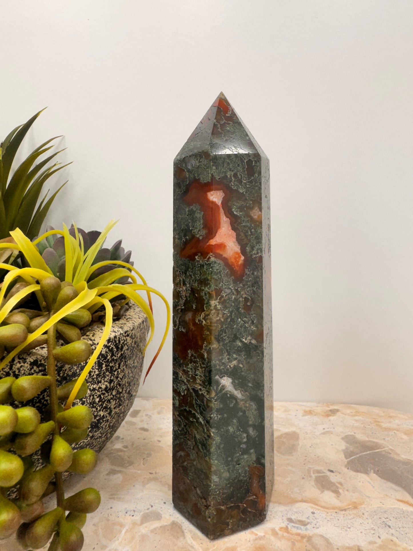 Moss Agate with Carnelian Tower 510g
