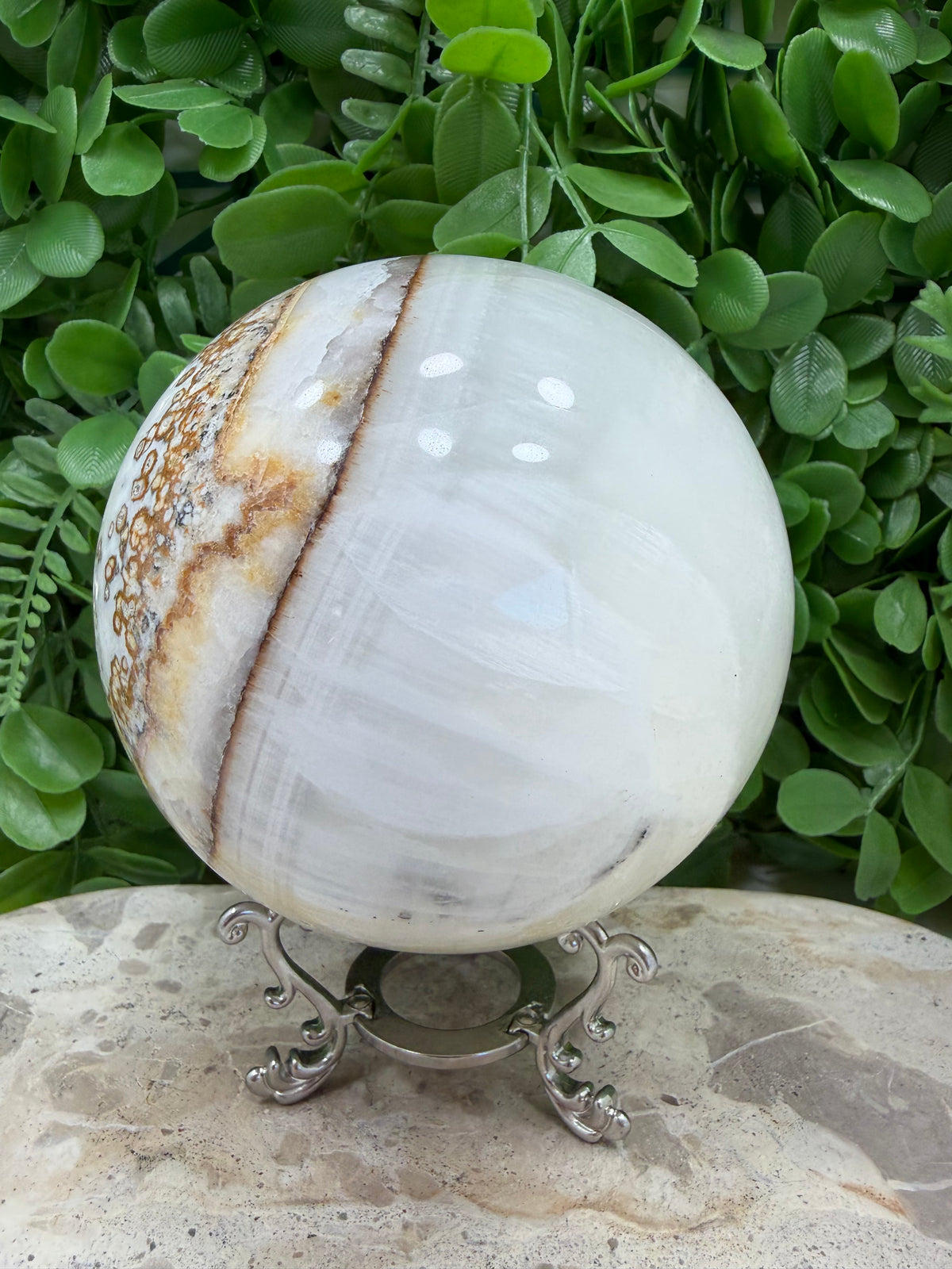 Dendritic Silky White Calcite Sphere 1980g | Calm • Clarity • Balance