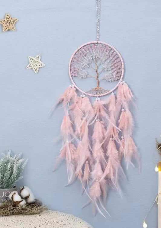 Rose Quartz With Clear Quartz Pink  Feather Dreamcatcher