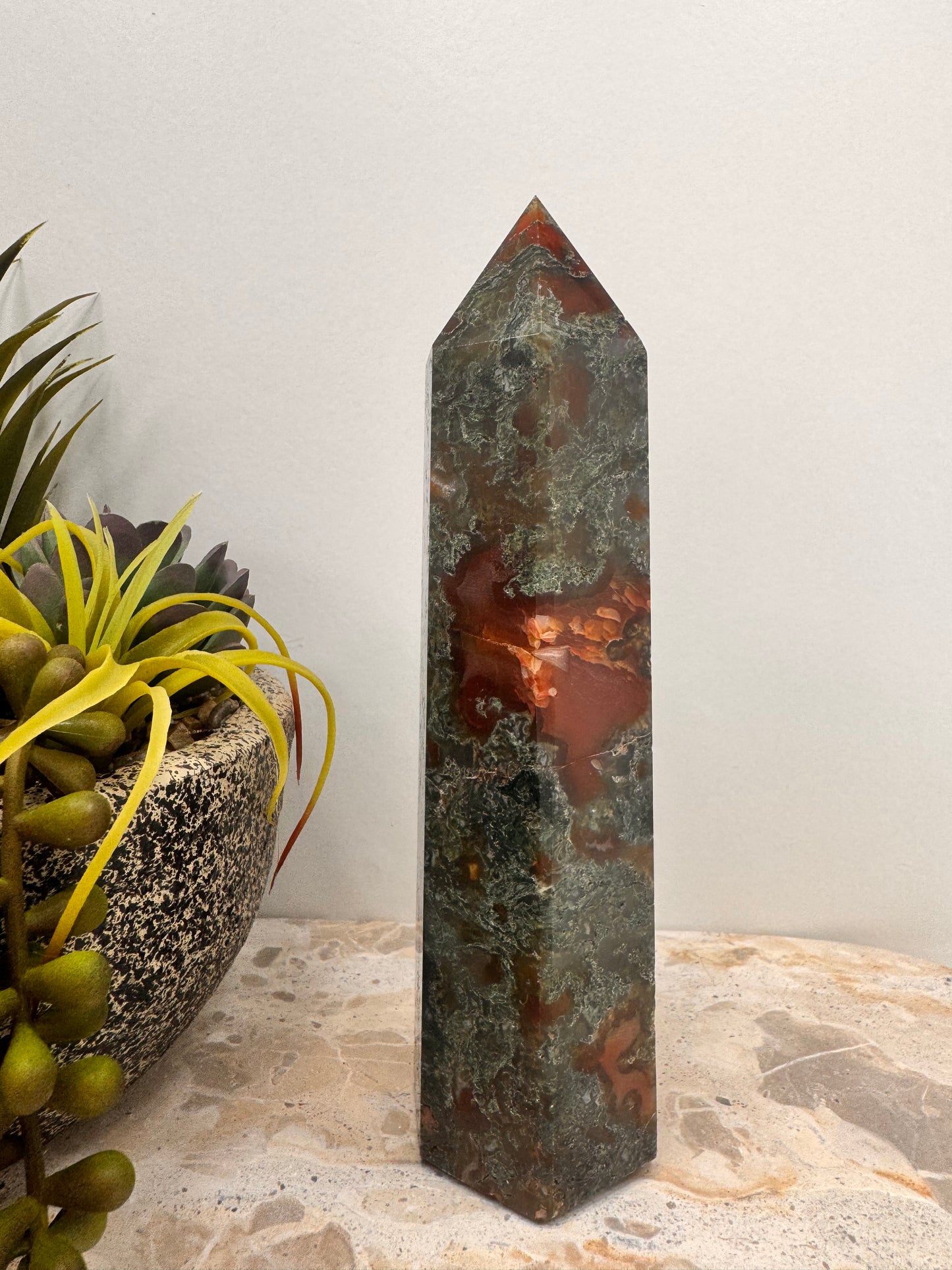 Moss Agate with Carnelian Tower 510g