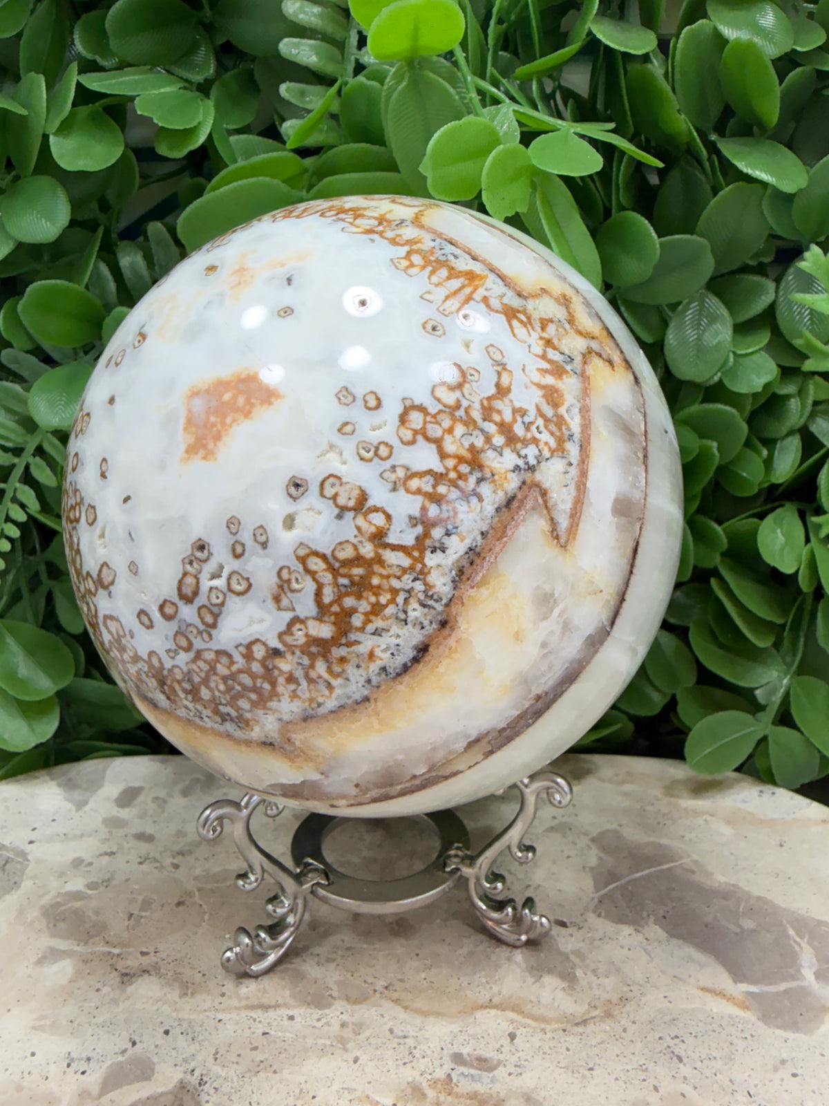 Dendritic Silky White Calcite Sphere 2246g | Calm • Clarity • Balance