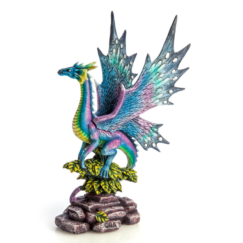 Metallic Rainbow Dragon on Leafy Stones Figurine