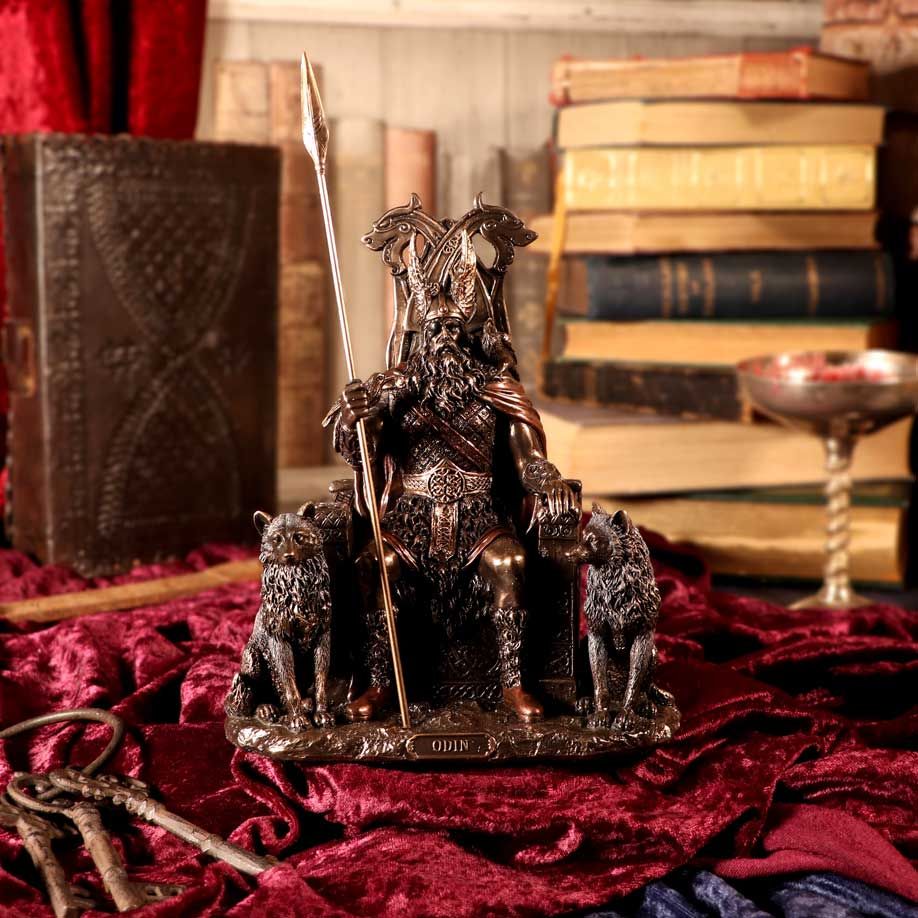 Bronze Odin All Father Wolves and Throne Figurine 22cm