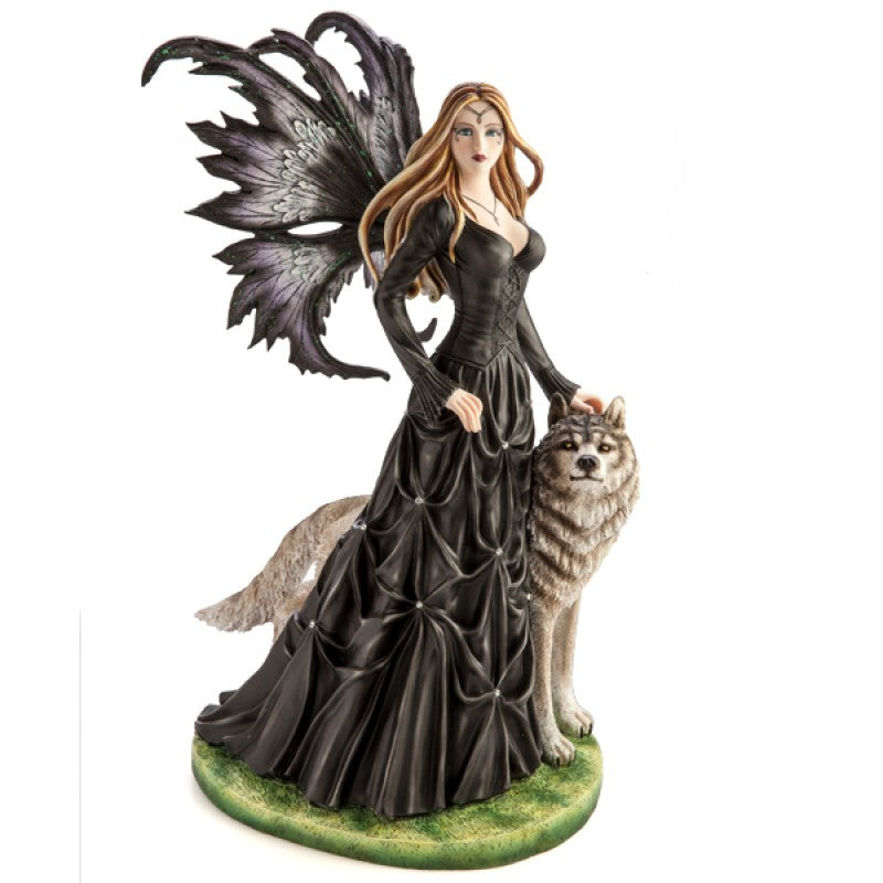 Large Black Fairy Princess with White Wolf Mystical World
