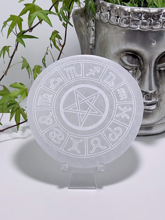 Selenite Pentagram Zodiac Plate