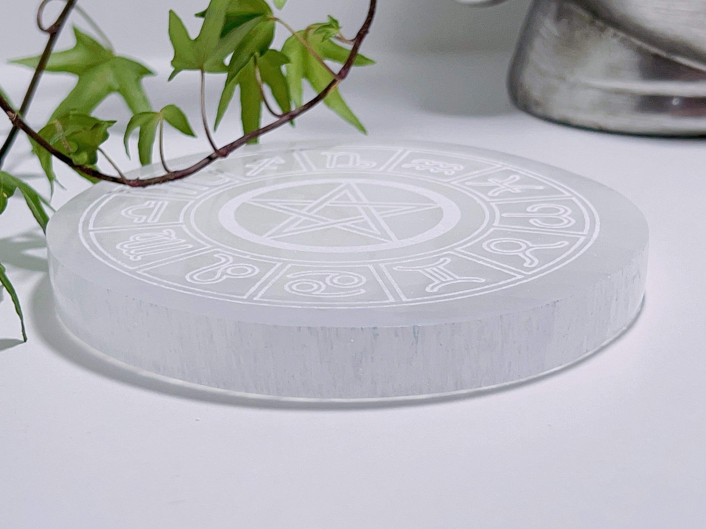 Selenite Pentagram Zodiac Plate