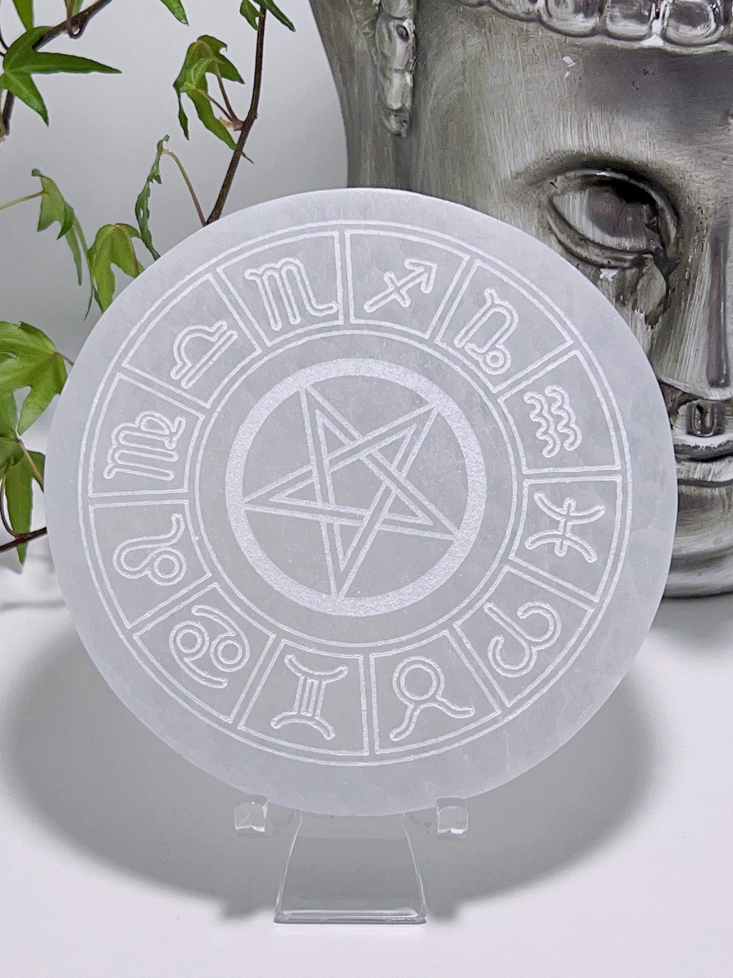 Selenite Pentagram Zodiac Plate